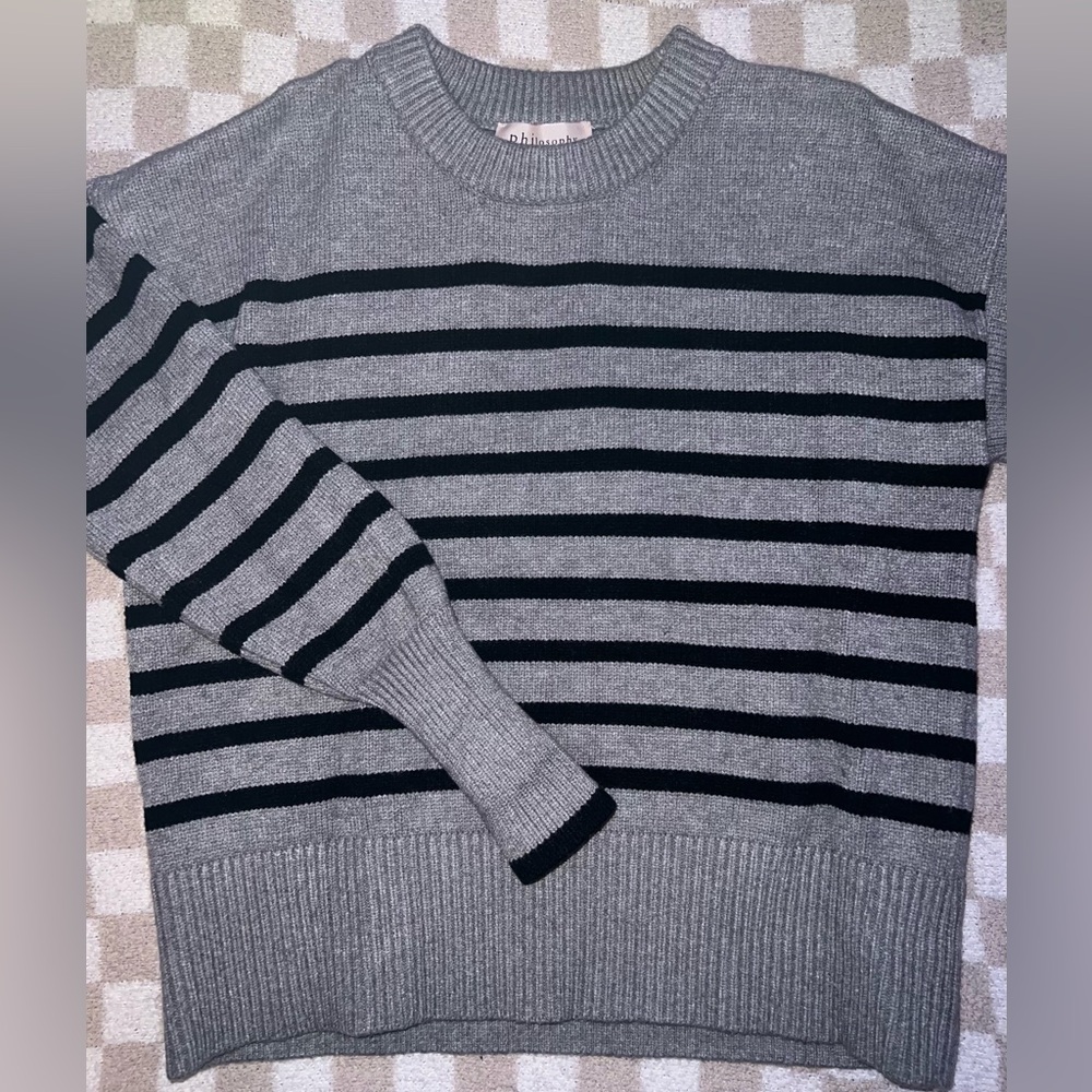 Philosophy Gray and Black Striped Crewneck Sweater
